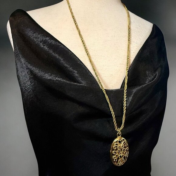Vintage 1928 Goldtone Filigree Tassel Pendant Necklace 32” - Picture 3 of 9
